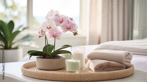 Tranquil Spa Day: Orchids, Candles, and Plush Towels Portraying a Scene of Relaxation and Mindful Living for Wellness-Themed Media