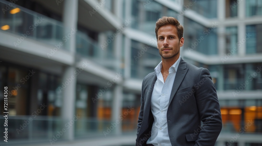 A handsome confident man dressed in a suit stands with his hands in his pockets against the backdrop A handsome confident man dressed in a suit stands with his hands in his pockets against the backdrop