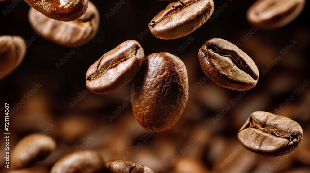Fototapeta premium Coffee beans flying in the air. The process of making coffee.