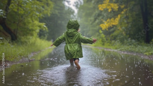 a little girl in a green raincoat runs through puddles in the rain