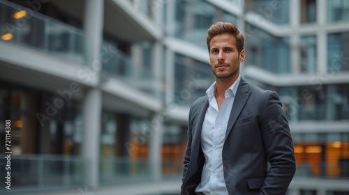 A handsome confident man dressed in a suit stands with his hands in his pockets against the backdrop