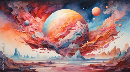 A breathtakingly vibrant planet, crafted with bold strokes of analog-inspired design, emerges in a mesmerizing watercolor painting