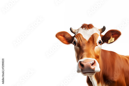 face of cow isolated on white, brown and white gentle surprised look, in front of a white background