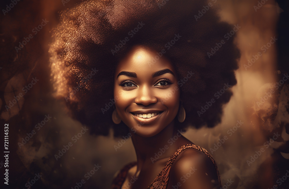 Portrait of an African smiling woman with curly hair.