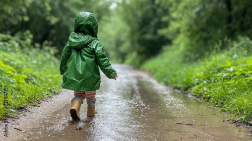 a little girl in a green raincoat runs through puddles in the rain