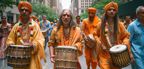 A group of Hare Krishnas with drums walks down the street of city