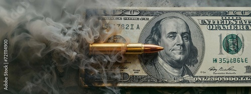 risky investments and risk in financial market, dollar inflation or the sale of weapons , also bankruptcy danger in business, banner of bullet shooting dollar with fire smoke photo