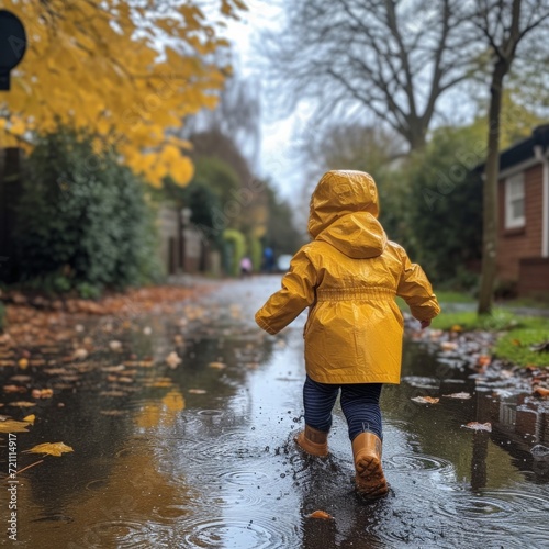 a little girl in a yellow raincoat runs through puddles in the rain