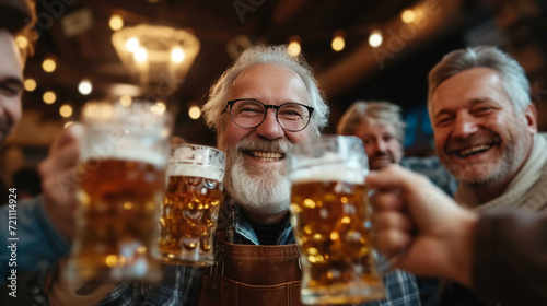 A group of German farmers drinking beer in a bar in the evening