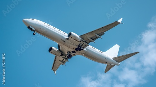 A white passenger plane flies against a background without a cloudy blue sky