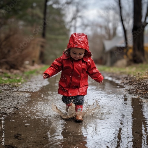 a little girl in a red raincoat runs through puddles in the rain