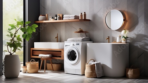 Modern washing machine in a contemporary bathroom. Laundry room interior with modern washing machine near light wall. Generative AI © Анатолий Савицкий