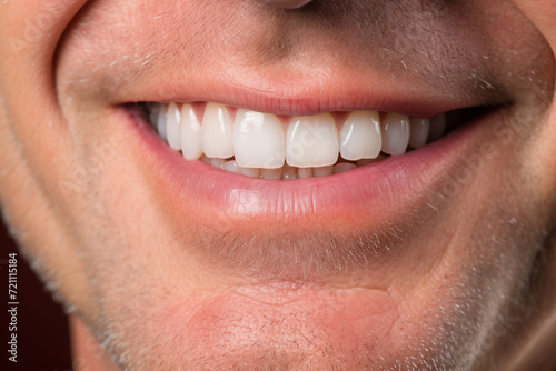 Close-up image of a man's smile showcasing healthy white teeth. Dental hygiene and health.