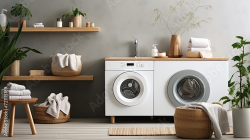 Modern washing machine in a contemporary bathroom. Laundry room interior with modern washing machine near light wall. Generative AI