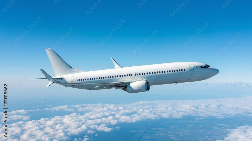 Fototapeta premium A white passenger plane flies against a background without a cloudy blue sky