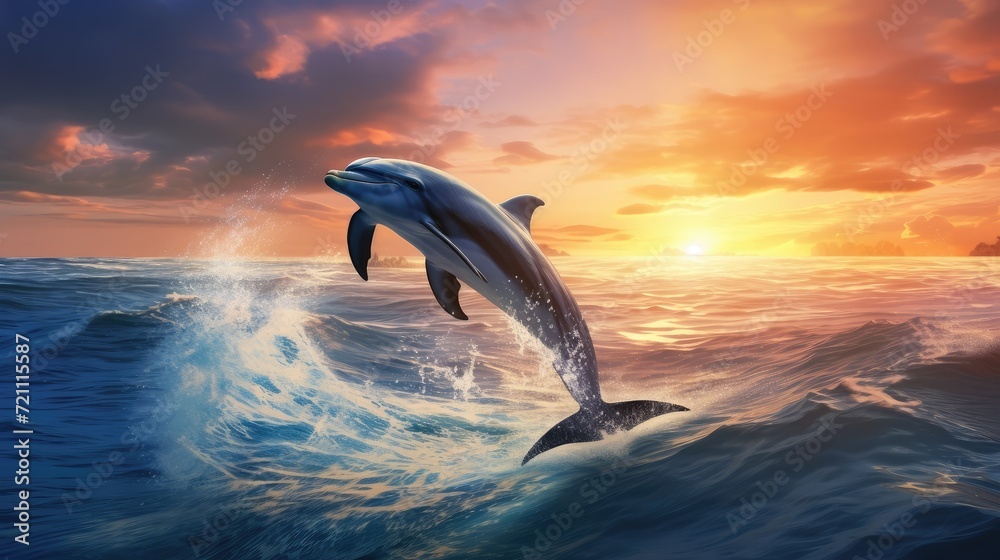 Dolphins jumping on the blue sea  Generative Ai