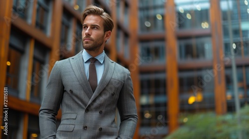 A handsome confident man dressed in a suit stands with his hands in his pocke...