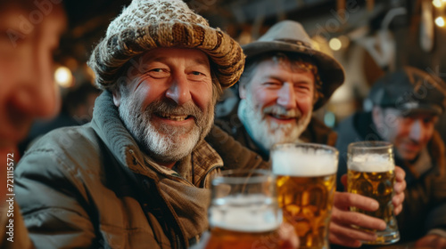 A group of German farmers drinking beer in a bar in the evening