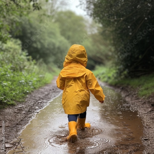 a little girl in a yellow raincoat runs through puddles in the rain