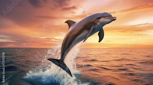 Dolphins jumping on the blue sea  Generative Ai