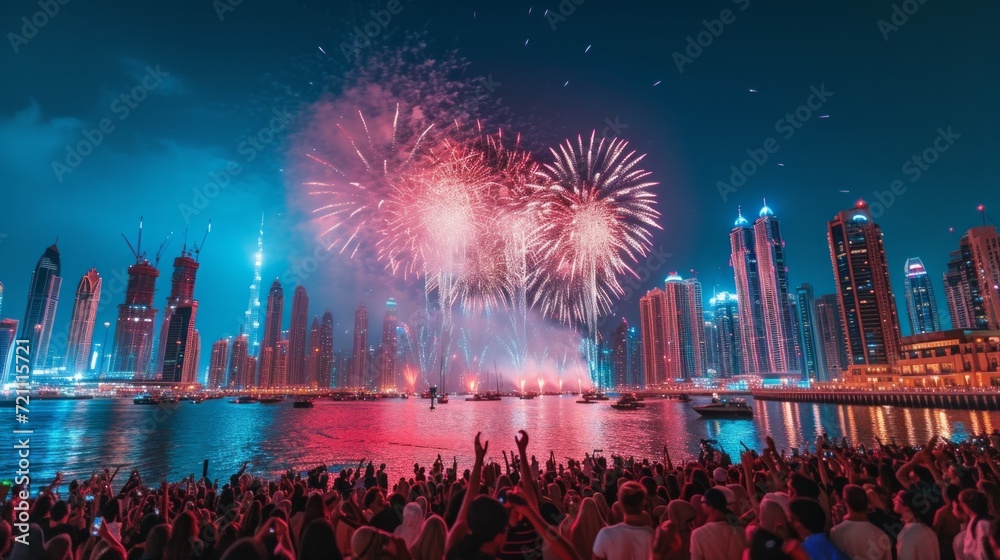 A large crowd of people gathered in the evening and watch the fireworks on the Dubai waterfront - obrazy, fototapety, plakaty 