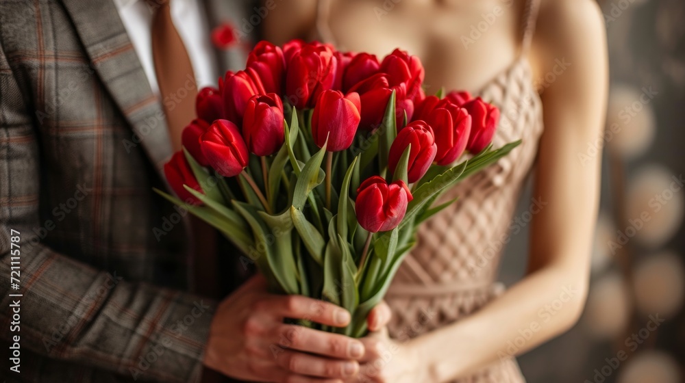 A man in a suit gives a bouquet of red tulips to a woman in an elegant beige dress