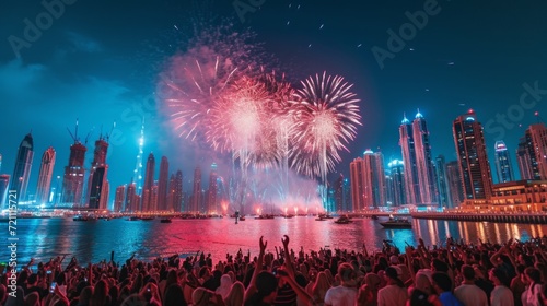 A large crowd of people gathered in the evening and watch the fireworks on th...