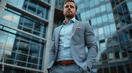 A handsome confident man dressed in a suit stands with his hands in his pocke...