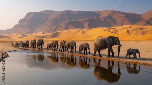 A herd of Elephants came to water at an oasis in the middle of the desert