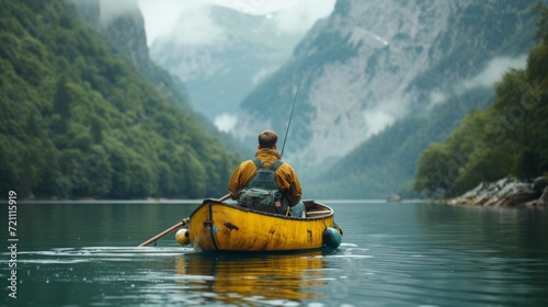  young man is fishing on a yellow boat in the middle of the lake. Beautiful mountain background blurred © olegganko