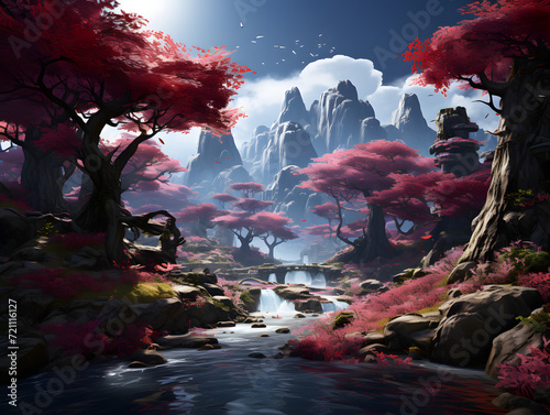 Autumn landscape forest illustration with flowing river, red trees and rocks