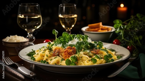 dining table containing a plate of pasta with ricotta cream, baby spinach, fresh herbs and black pepper on the table with a glass of water on one side and cutlery on the other