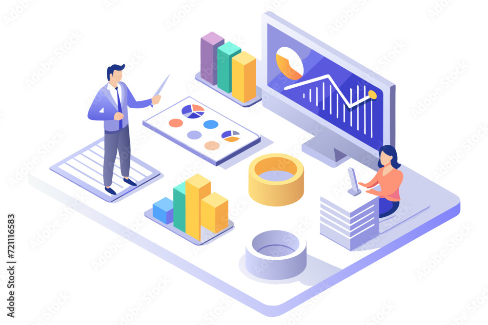 Isometric Business Technology: 3D illustration of business people with charts, graphs, laptops, and mobile devices in a connected cityscape, representing finance, data communication, and network archi Isometric Business Technology: 3D illustration of business people with charts, graphs, laptops, and mobile devices in a connected cityscape, representing finance, data communication, and network archi