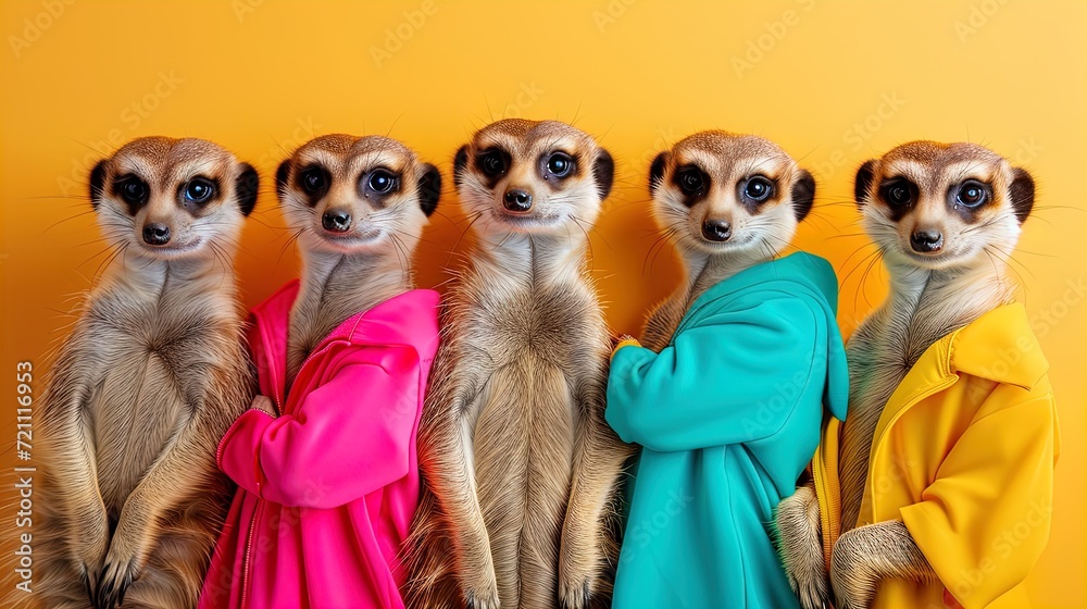 Meerkat Extravaganza: Join the chicest gathering in high-end couture! Stand out with this creative animal concept. Perfect for birthdays and invites. Copy space for your message.