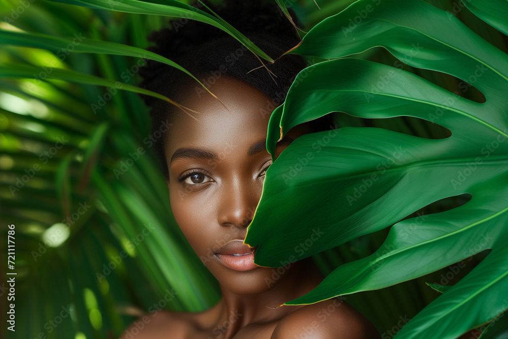 Close-up portrait of a serene young woman with lush green tropical leaves partially covering her face, symbolizing natural beauty. Close-up portrait of a serene young woman with lush green tropical leaves partially covering her face, symbolizing natural beauty.