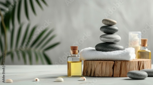 photography, Horizontal composition, on a clean light gray background, with some spa accessories, massage, stones, towels, oils, wood, a flat front shot, geometric composition, soft lighting, 