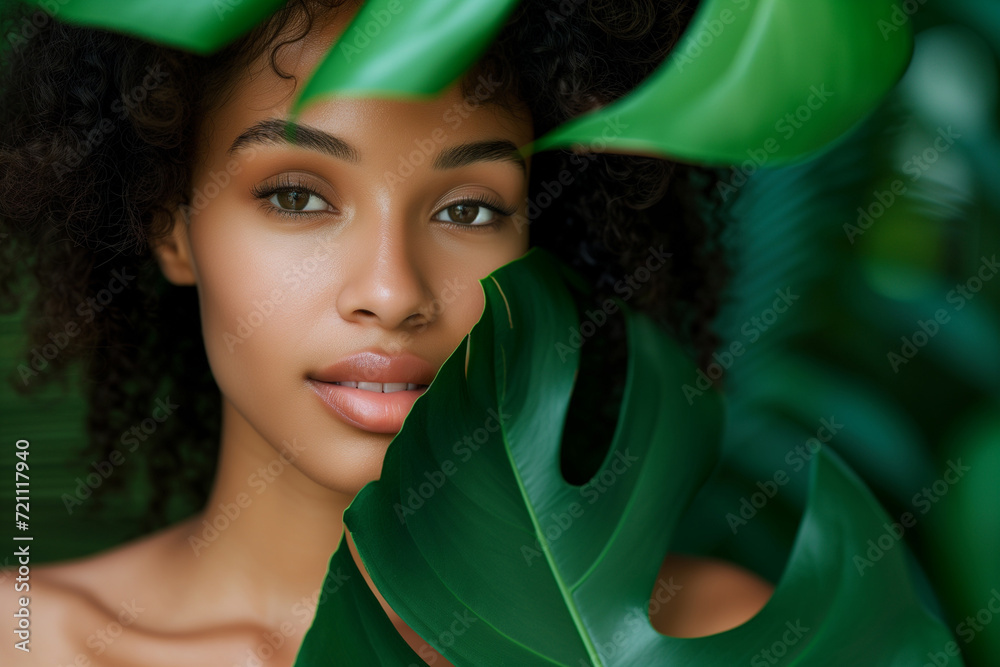 Close-up portrait of a serene young woman with lush green tropical leaves partially covering her face, symbolizing natural beauty. Close-up portrait of a serene young woman with lush green tropical leaves partially covering her face, symbolizing natural beauty.