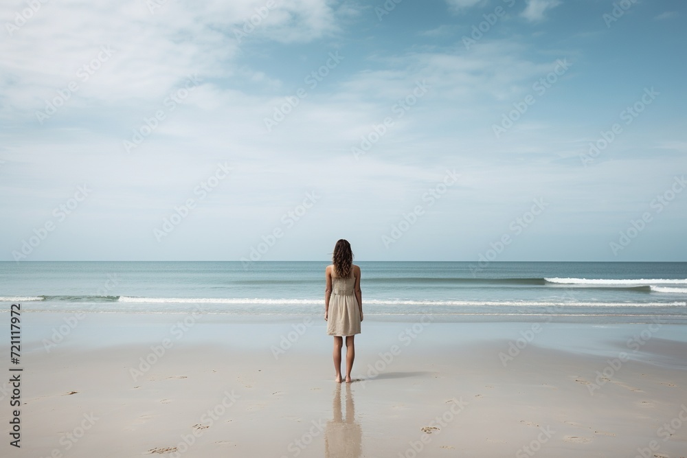 A lone person stands facing the ocean, reflecting in solitude on a vast, calm beach under an overcast sky. A lone person stands facing the ocean, reflecting in solitude on a vast, calm beach under an overcast sky.