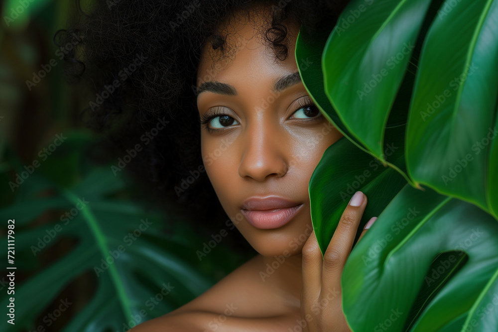 Close-up portrait of a serene young woman with lush green tropical leaves partially covering her face, symbolizing natural beauty. Close-up portrait of a serene young woman with lush green tropical leaves partially covering her face, symbolizing natural beauty.