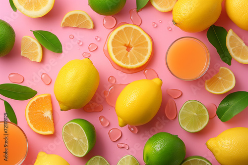 Fresh organic yellow lemon fruit with slices and green leaves isolated over pink background, Top view. Ingredients for homemade immunity boosting drink citrus juice lemon lime mint leaves
