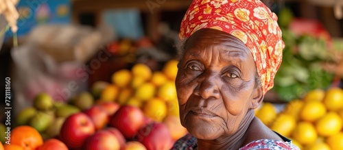 Elderly African woman buying fresh fruit at the store.