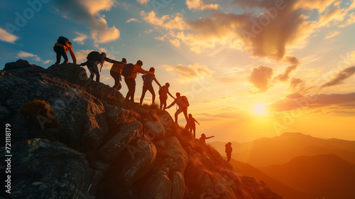  Team of Climbers Ascending Mountain at Sunset © Fathima
