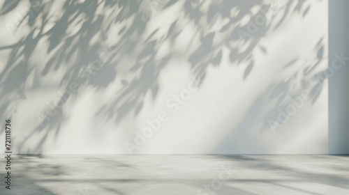 Abstract white studio background for product presentation. Empty room with window shadows  flowers and palm leaves. Summer concept. Background.