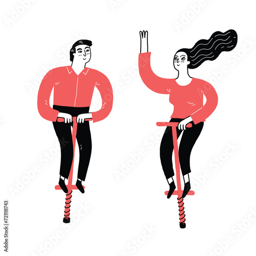Full length portrait of a couple bouncing on a pogo stick on white background.