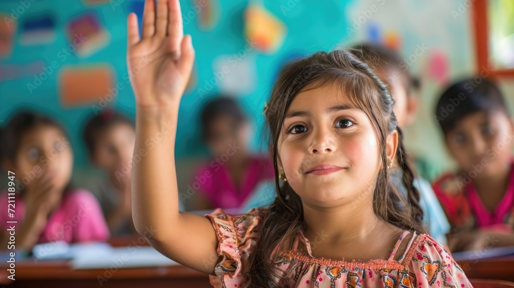 young girl raising her hand in class  