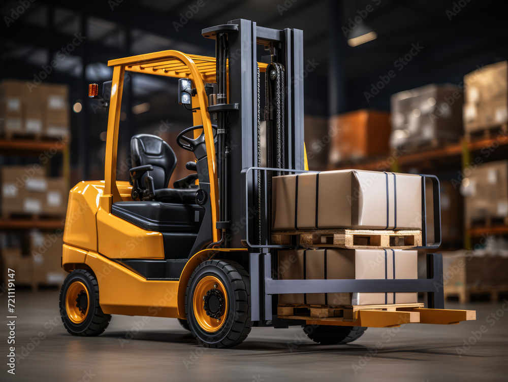 Yellow forklift transporting cardboard boxes in warehouse. Industrial ...