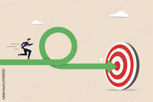 Obstacles to reach the target of success, steps to achieve achievement, concept of challenges to goals, businessman running through obstacles towards the target of success.