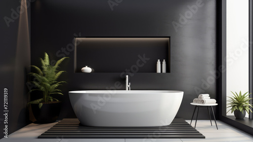 Sleek bathroom design with monochromatic tones  freestanding tub  and tropical plants. Contemporary and stylish. Generative AI