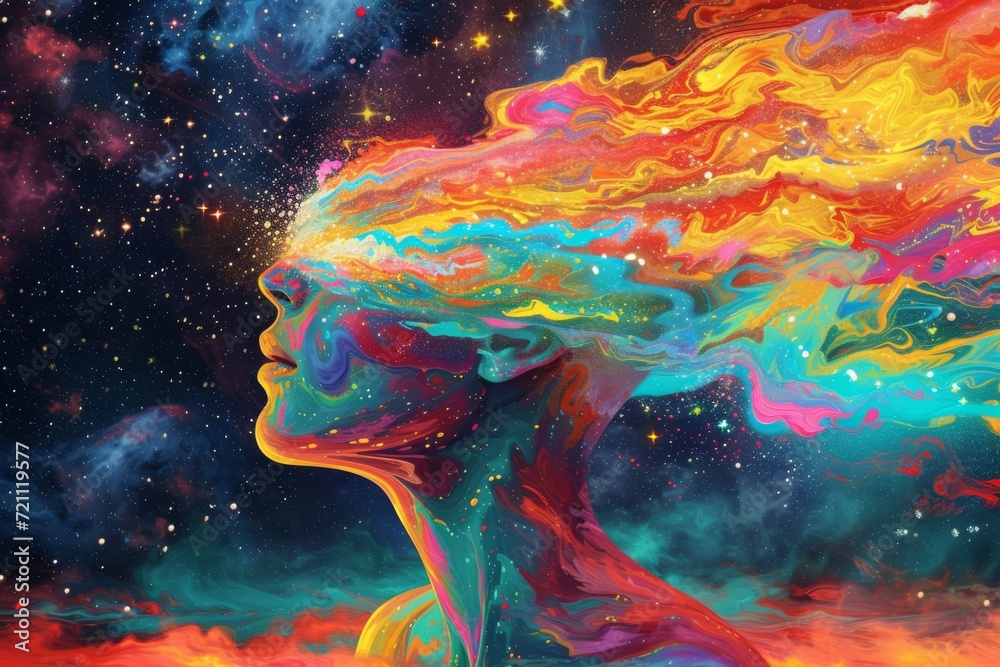 Art. A psychedelic artwork depicting a person's mind expanding into a universe of colors, representing LGBT+ awakening - obrazy, fototapety, plakaty 