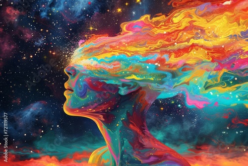 Art. A psychedelic artwork depicting a person's mind expanding into a universe of colors, representing LGBT+ awakening photo